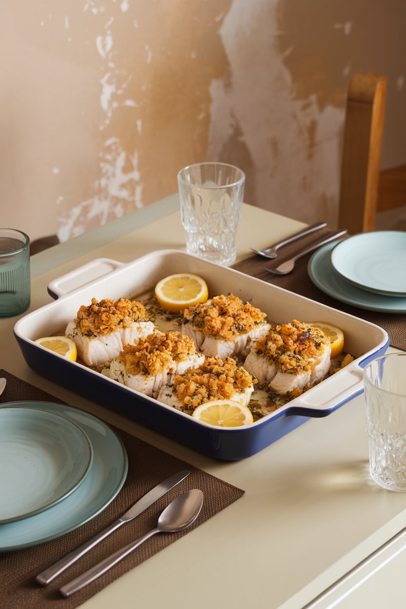 An indoor dining table featuring a baking dish of flaky cod fillets topped with golden herbed breadcrumbs and lemon rounds; soft evening light, no text or logos; photo