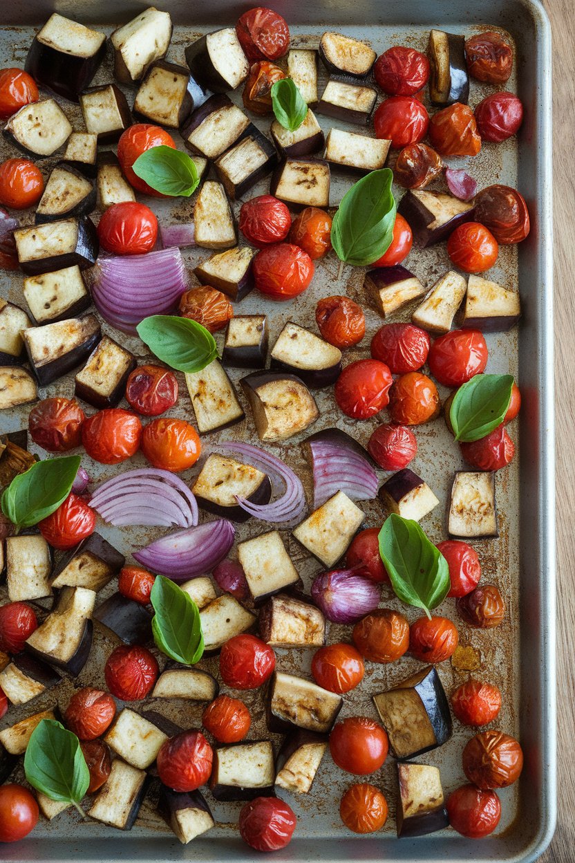 Indoor sheet pan loaded with diced eggplant, cherry tomatoes, and red onion, roasted and garnished with basil. No logos or text; photo.