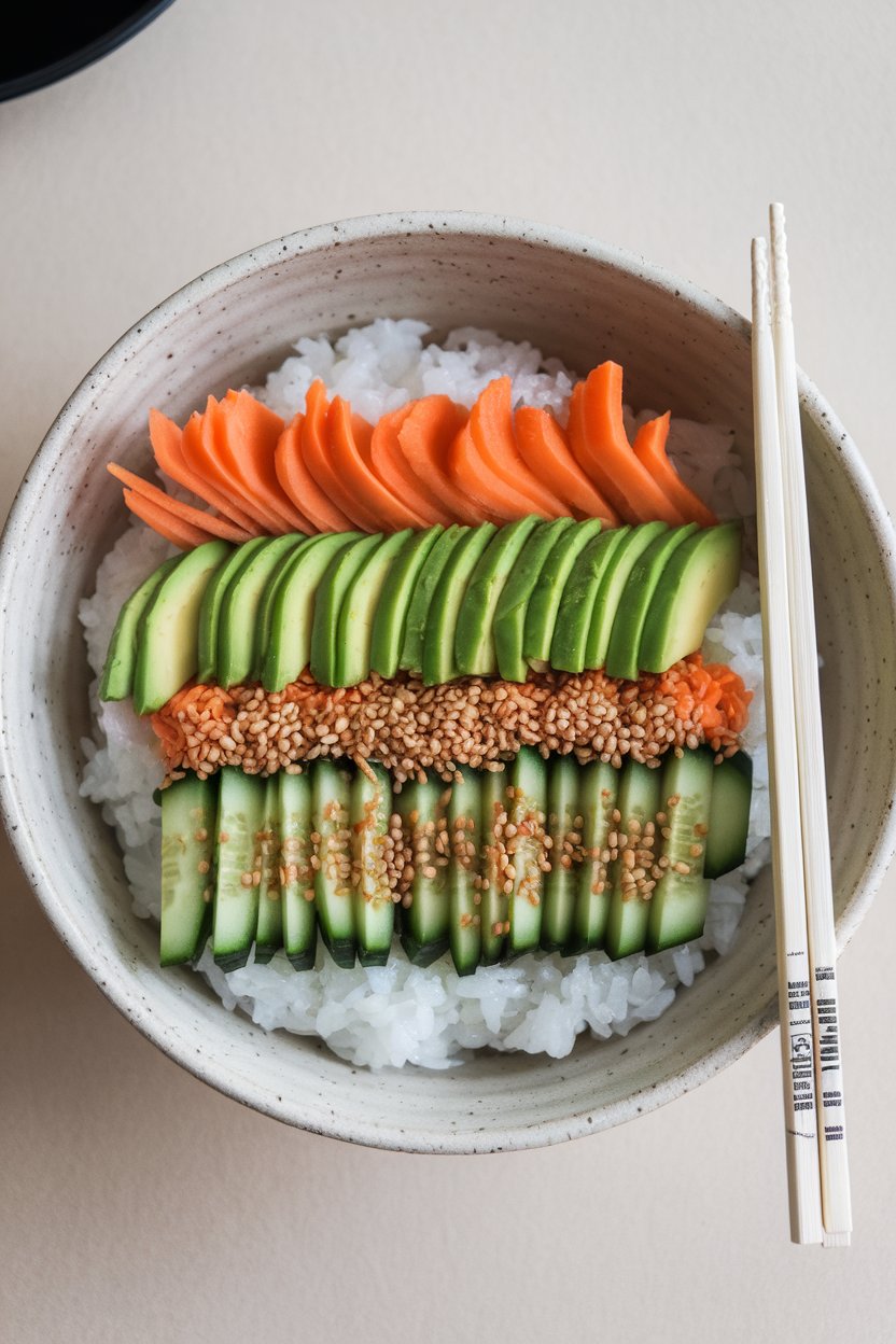 Photo, indoors, shallow ceramic bowl of sushi rice topped with neatly arranged rows of sliced avocado, carrot ribbons, cucumber, edamame, and sesame seeds. No text or logos on bowl or chopsticks.