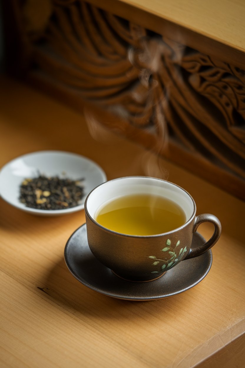 Indoor teacup filled with steaming green tea on a small saucer, loose tea leaves in a dish nearby. No visible branding or text. Photo only.