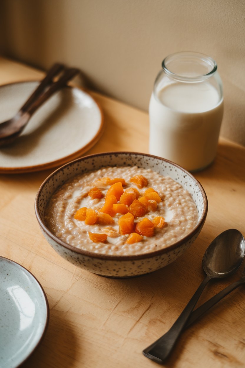 Warm indoor dining table featuring a bowl of creamy millet porridge dotted with chopped dried apricots and a splash of almond milk. Photo, no text or logos.