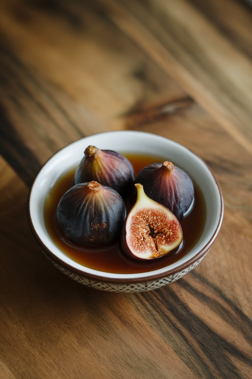 Indoor photo of whole figs simmered in spiced tea, served in a small bowl with some of the amber syrup. No text or logos.