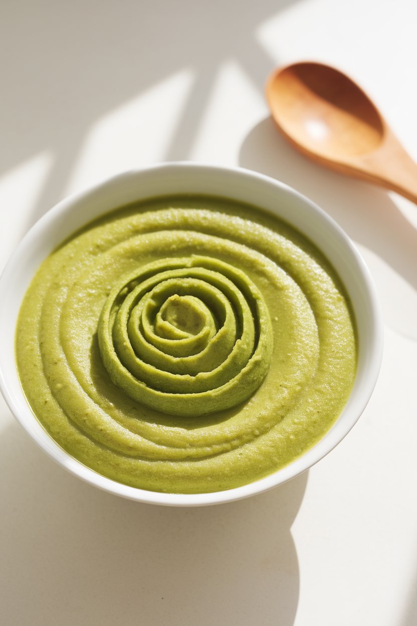 Indoor photo of bright green blended soup topped with a creamy avocado spiral, shot under bright kitchen lighting; no text or logos