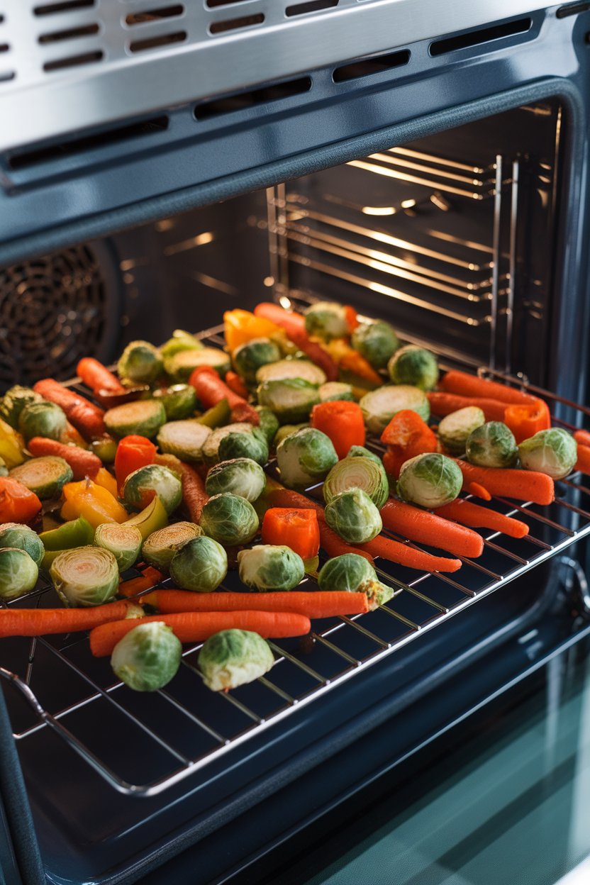Oven rack view of mixed vegetables—carrots, Brussels sprouts, and bell peppers—browning nicely, no logos.