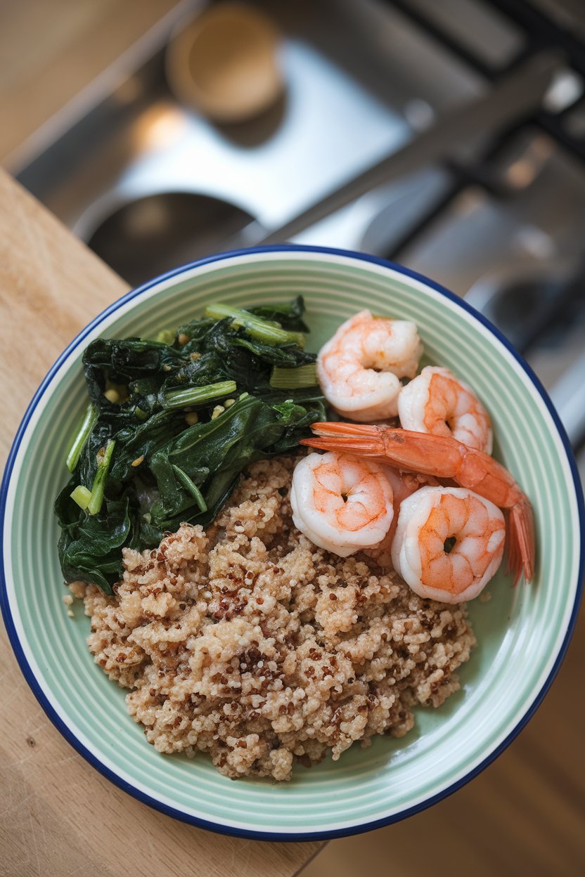 Overhead photo of portion-controlled dinner on an eight-inch plate: quinoa, sautéed greens, and shrimp, no text.