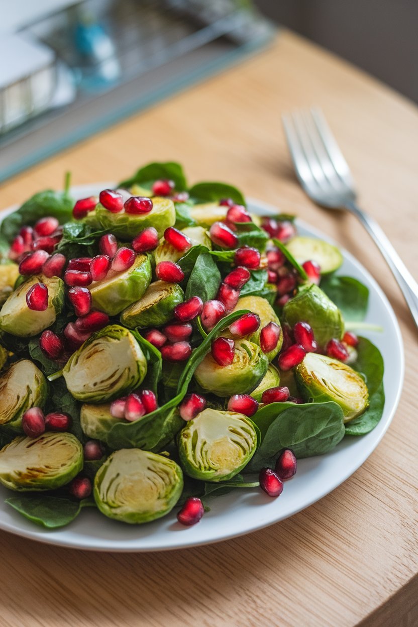 Photo of halved roasted Brussels sprouts tossed with pomegranate arils and baby spinach on an indoor table, no text or logos.