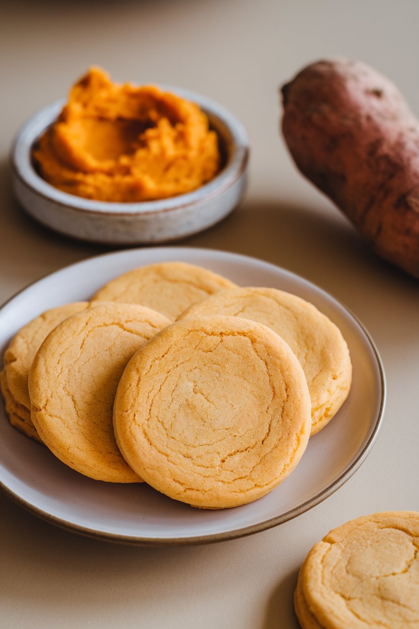 Light orange cookies on an indoor plate, small bowl of mashed sweet potato nearby out of focus; no branding.