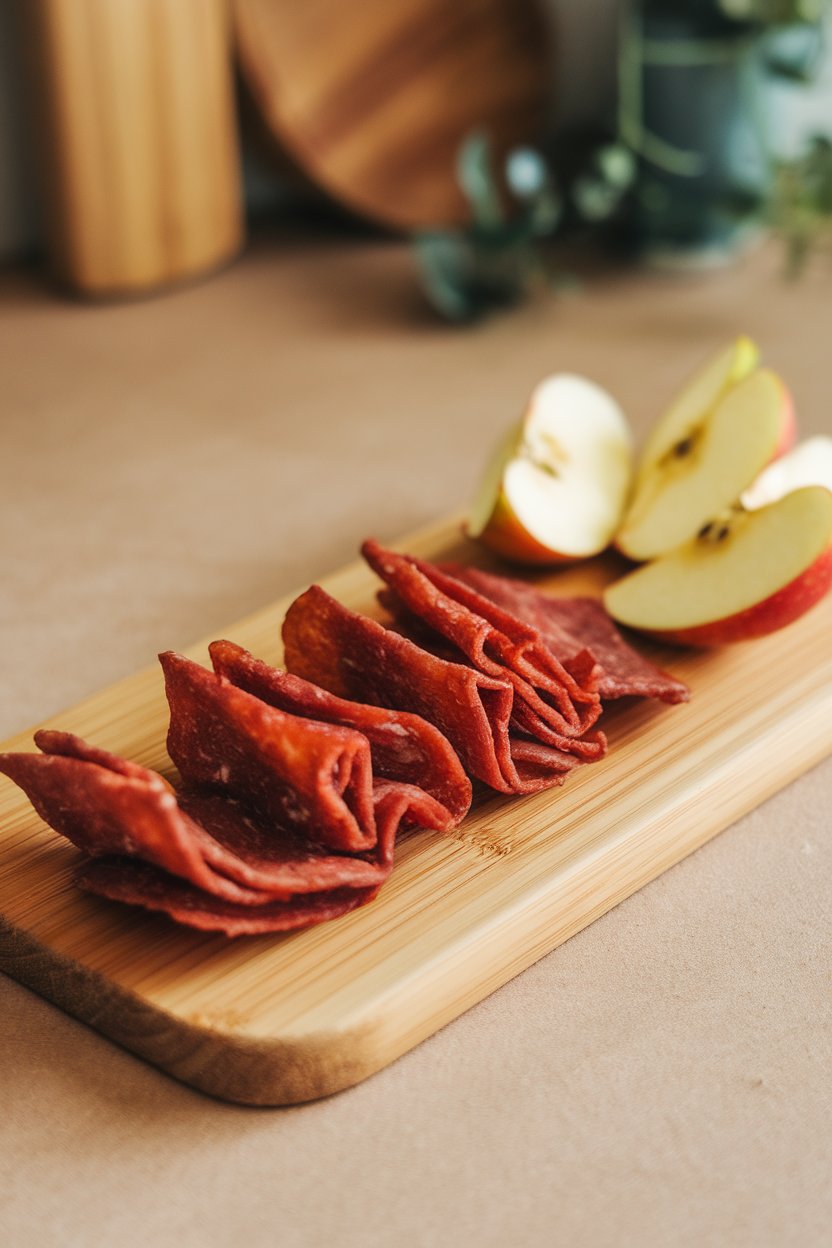 An indoor wooden snack board with turkey jerky strips and fresh apple wedges; no text or logos.