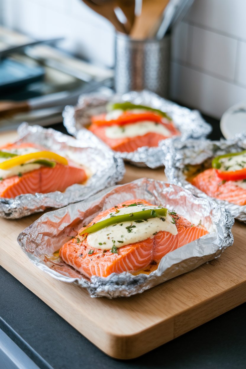 A cutting board set on an indoor counter with foil packets opened to reveal salmon topped with melting herb butter and colorful bell-pepper strips. No logos or text present.