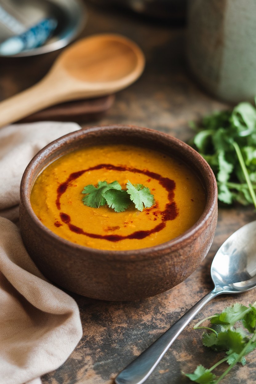 A cozy indoor scene with a rustic bowl of pureed masoor dal soup, a drizzle of chili oil and cilantro leaves on top, soup spoon resting nearby. No text or logos. Photo, not illustration.