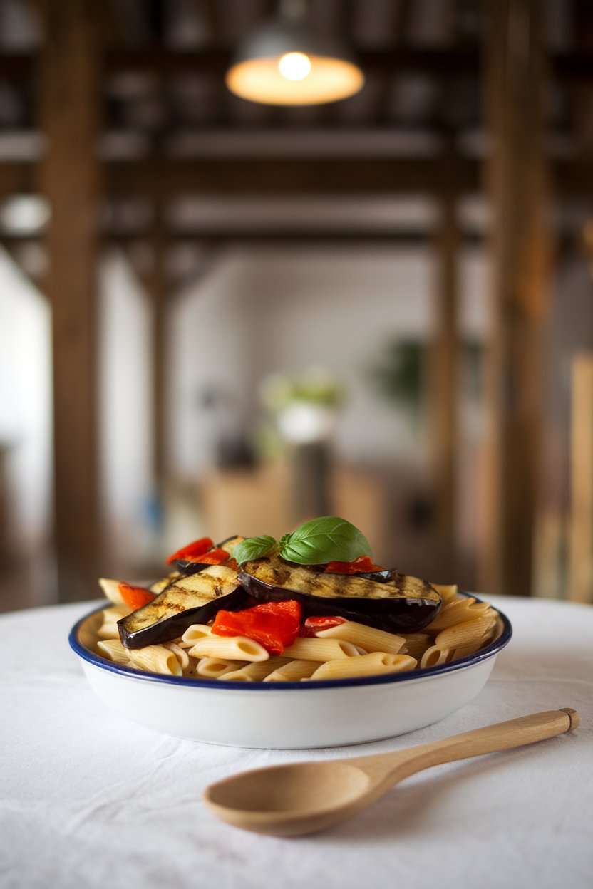 An indoor table showcasing penne with grilled eggplant strips, roasted red pepper pieces, and basil; no text or logos.