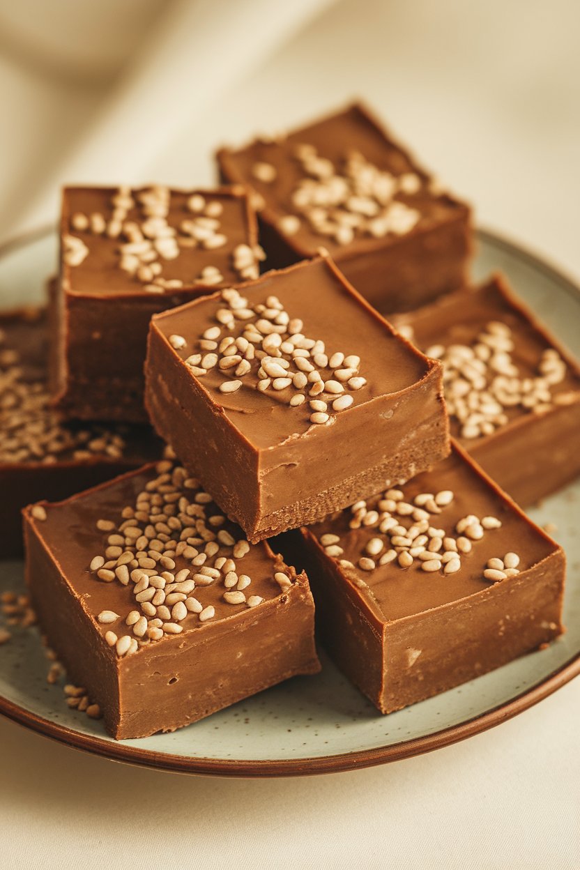 Indoor photo of creamy sesame tahini fudge squares on a plate, light dusting of sesame seeds on top. No text or logos.