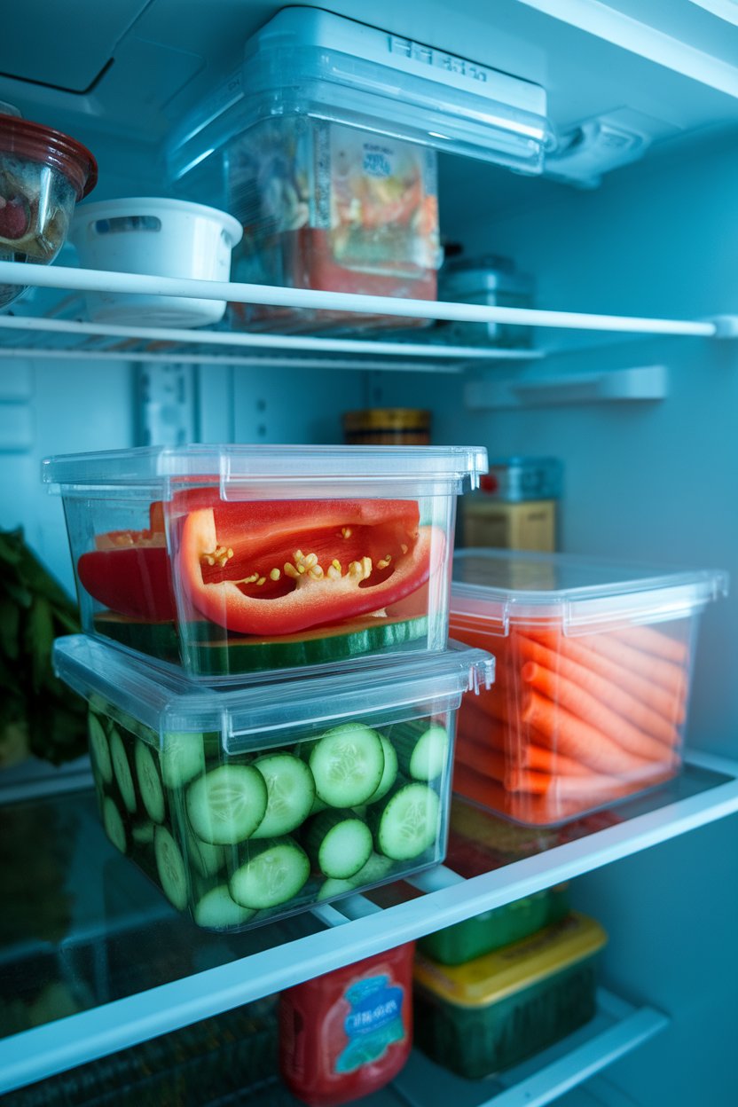 Indoor photo of a refrigerator shelf showing clear containers of sliced bell peppers, cucumbers, and carrots front and center. Cool interior lighting, no text or logos.