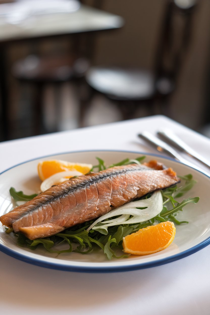 An indoor bistro plate featuring flakes of cooked smoked trout over arugula, shaved fennel, and orange segments; no text or logos.