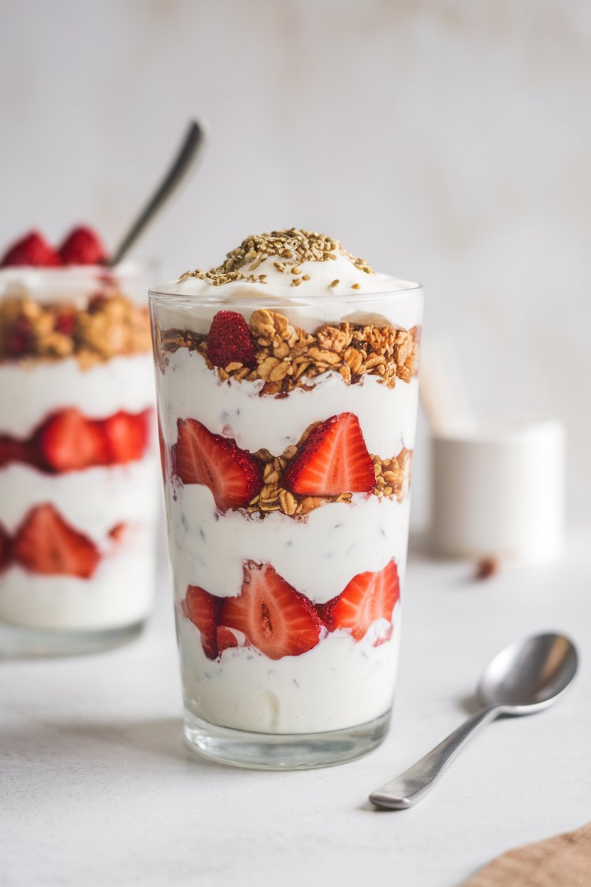 Indoor café-style setting with a tall glass parfait of thick Greek yogurt, crunchy granola layers, fresh strawberries, and a sprinkle of hemp seeds on top. Photo, no text or logos.