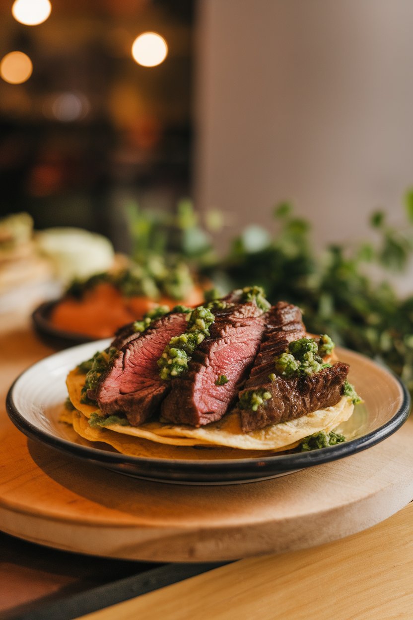 Photo of a small indoor plate with mini corn tortillas piled with sliced flank steak and green chimichurri sauce. No text or logos.
