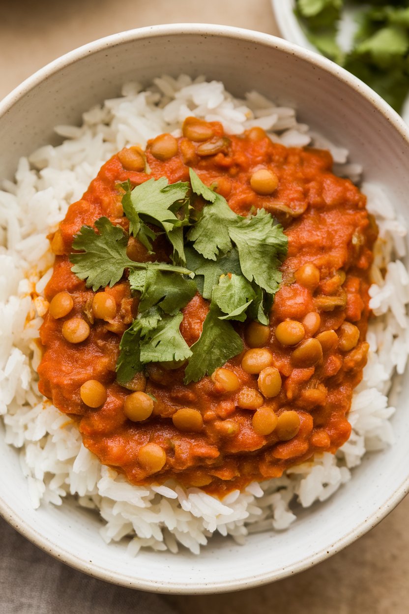 Indoor photo of red lentils in spiced tomato sauce over basmati rice, topped with cilantro. No text or logos.