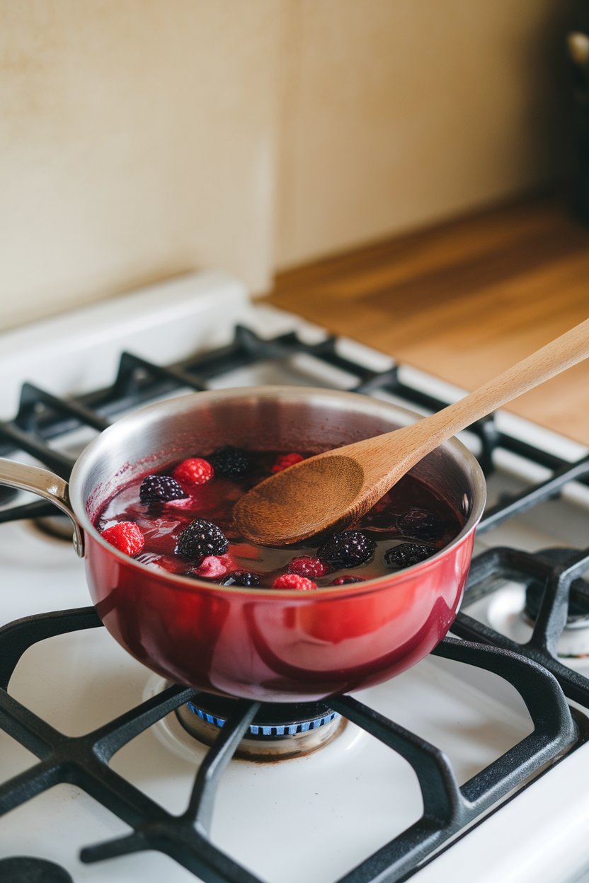 Indoor photo of a small saucepan of bubbling mixed berry compote on a stove, wooden spoon stirring, no text or logos