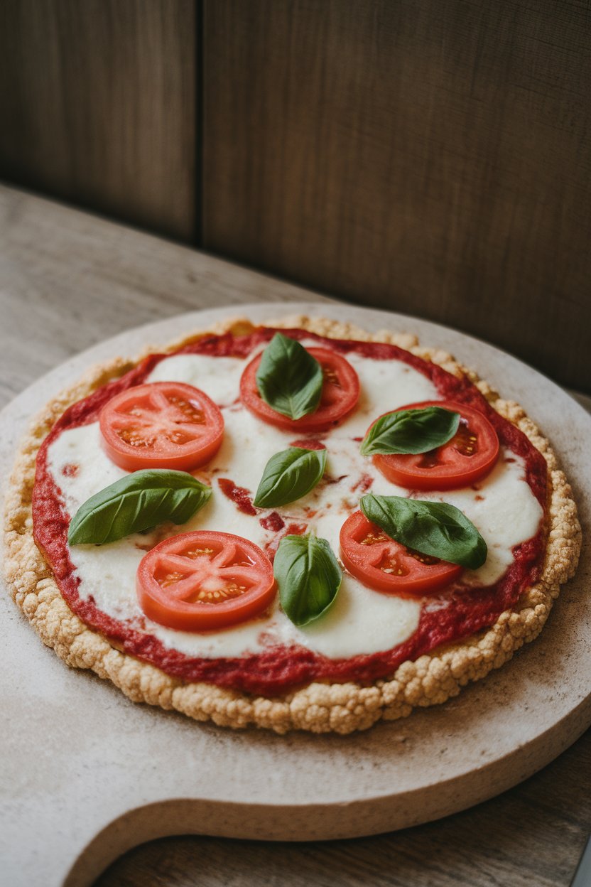 A round pizza on a stone serving board indoors showing a cauliflower crust topped with melted mozzarella, tomato slices, and fresh basil leaves; no text or logos.