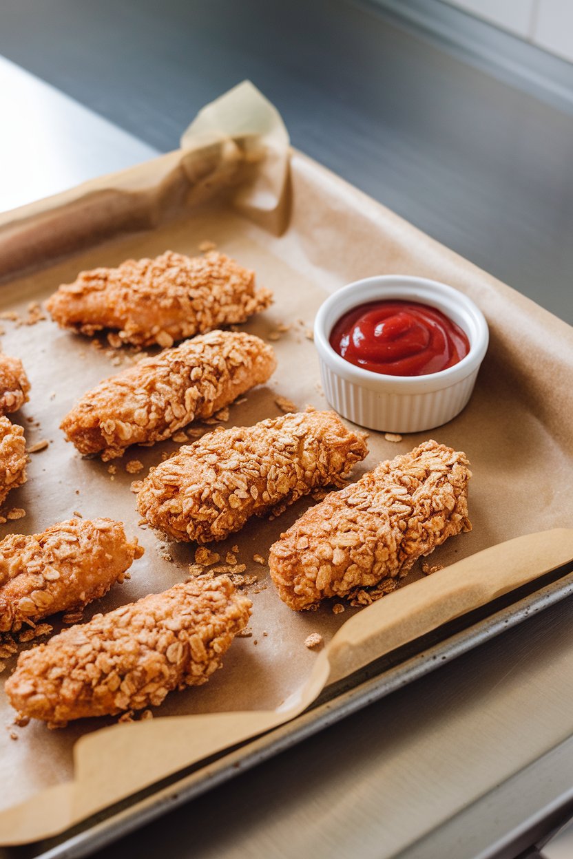 A parchment-lined baking sheet on an indoor counter featuring golden chicken tenders coated in crushed oats, with a ramekin of ketchup nearby. No logos. Photo.