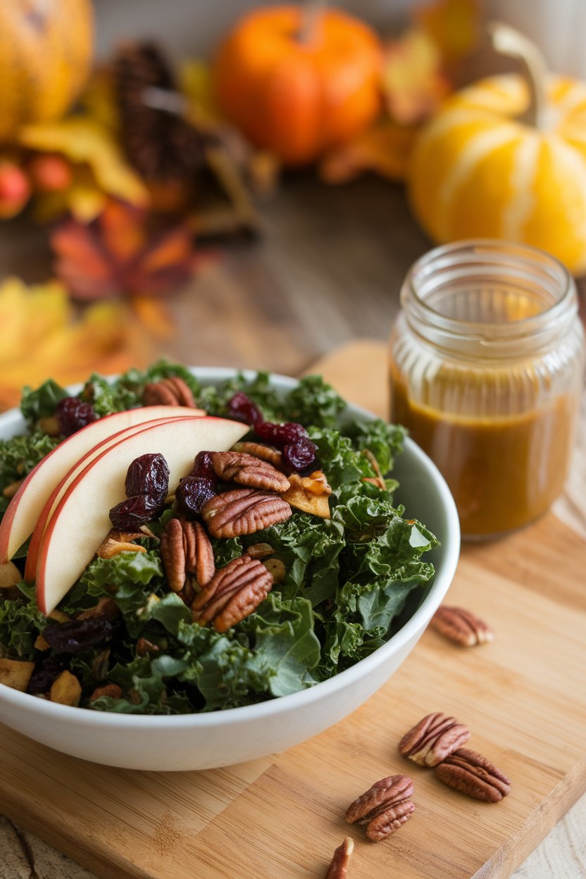 Indoor fall-themed scene showing a bowl of massaged kale, thin apple slices, toasted pecans, and dried cranberries with a maple vinaigrette. Photo only, no text or logos.