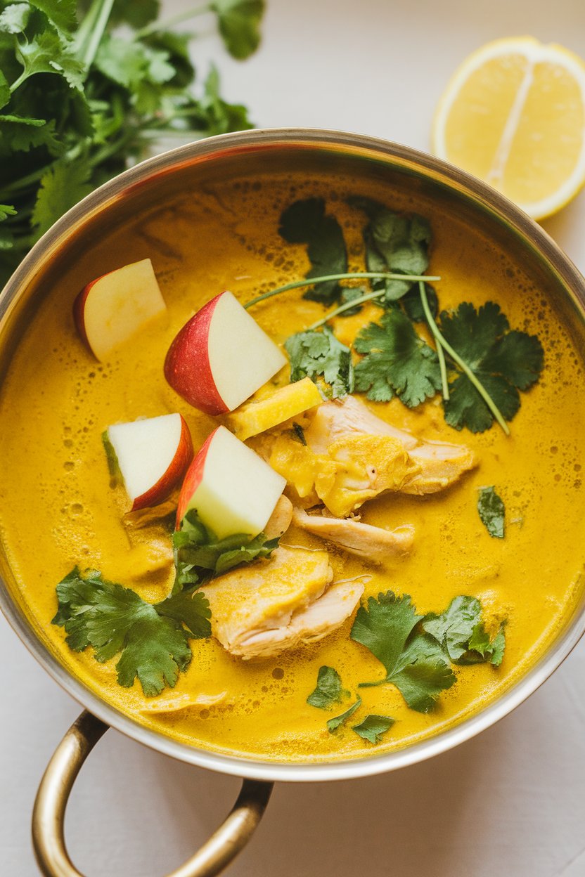 Indoor photo of yellow curry soup with apple cubes, chicken pieces, and cilantro, served in brass bowl; no text or logos