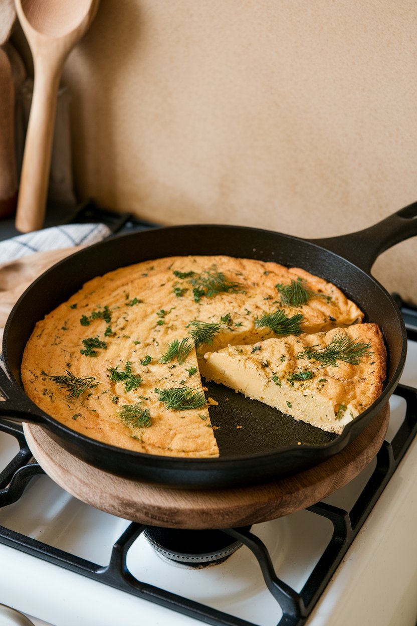 A round cast-iron pan on an indoor stove containing a golden chickpea flour frittata speckled with parsley and dill, slice cut out. No text or logos; photo, not illustration.