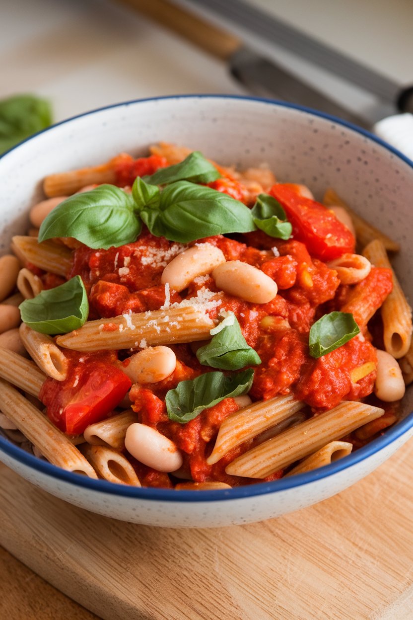 An indoor serving bowl of whole-grain penne tossed with white beans, fresh tomatoes, basil ribbons, and olive oil; no text or logos; photo
