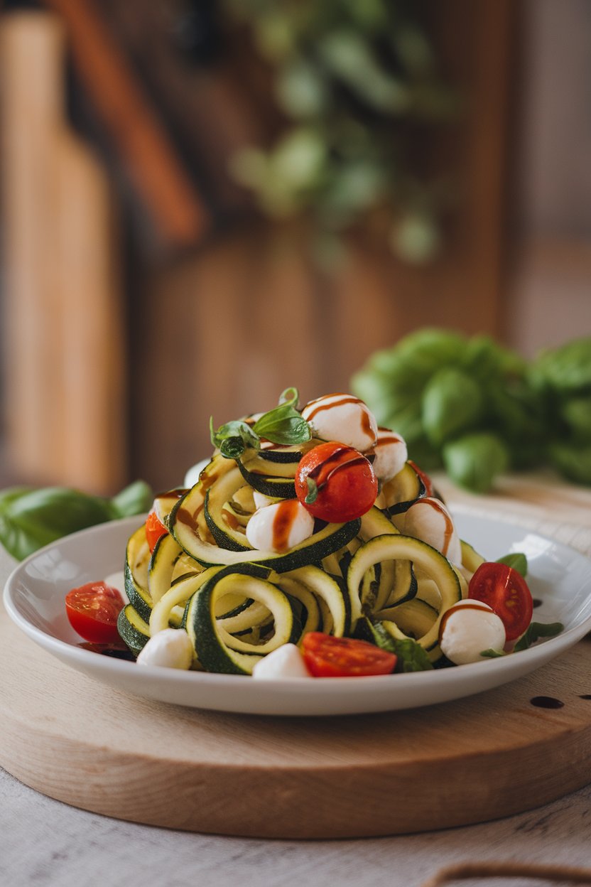 Photo prompt: Indoor plate featuring zucchini spirals tossed with cherry tomatoes, small mozzarella pearls, and basil ribbons, drizzled with balsamic glaze. No text or logos present.