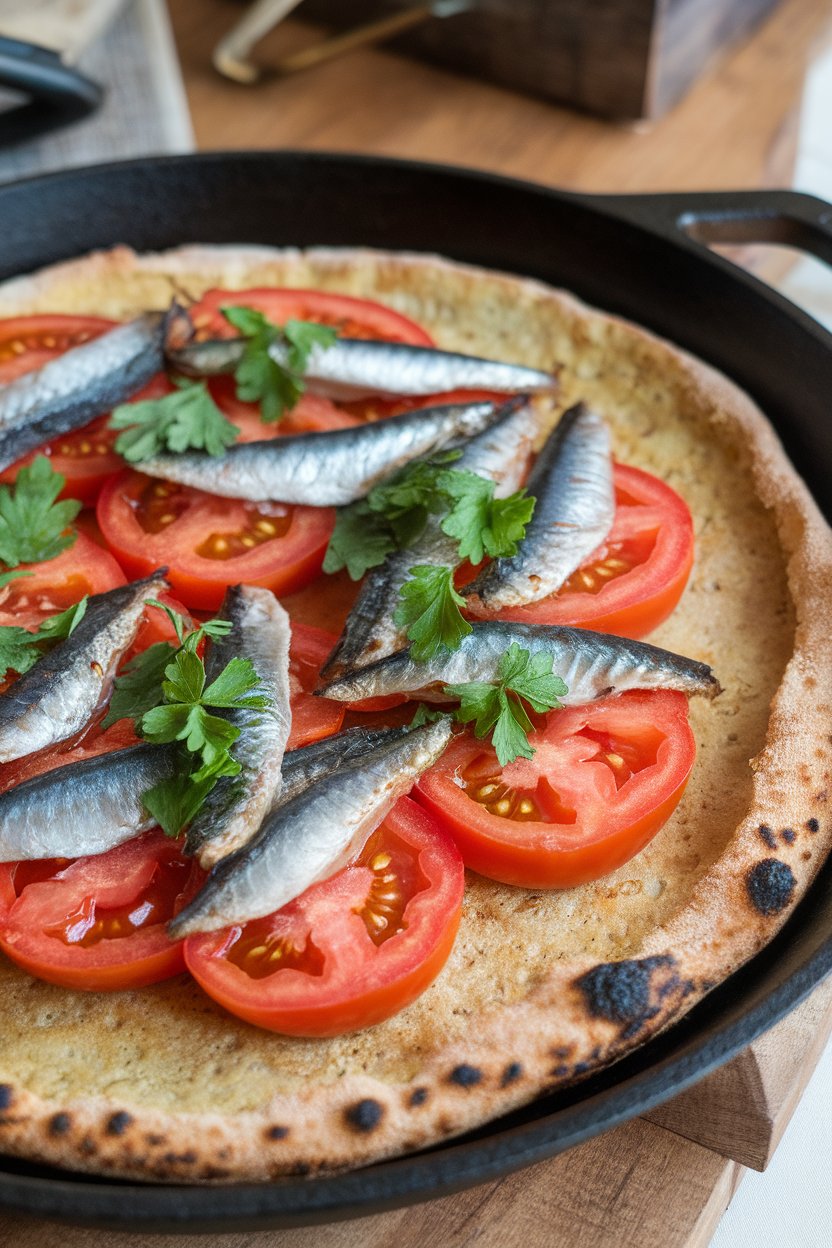 Indoor photo of buckwheat socca pizza topped with cooked sardine pieces, tomato slices, and parsley on a cast-iron skillet, no text or logos