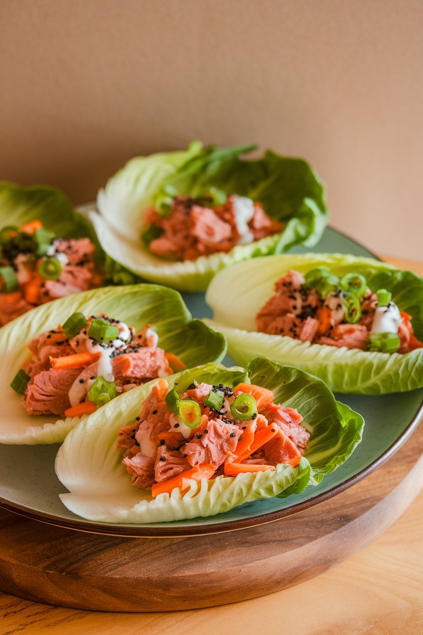 Photo of crisp Romaine leaves arranged on a plate, each filled with cooked tuna blended with diced jalapeños, carrots, and a light yogurt sauce; indoor lighting, no logos or text.