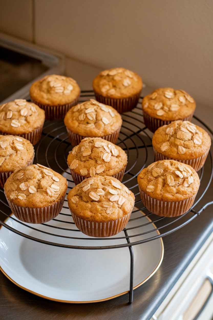 A cooling rack on an indoor counter holding several golden banana oat muffins with visible oat flakes on top. No text or logos. Photo.