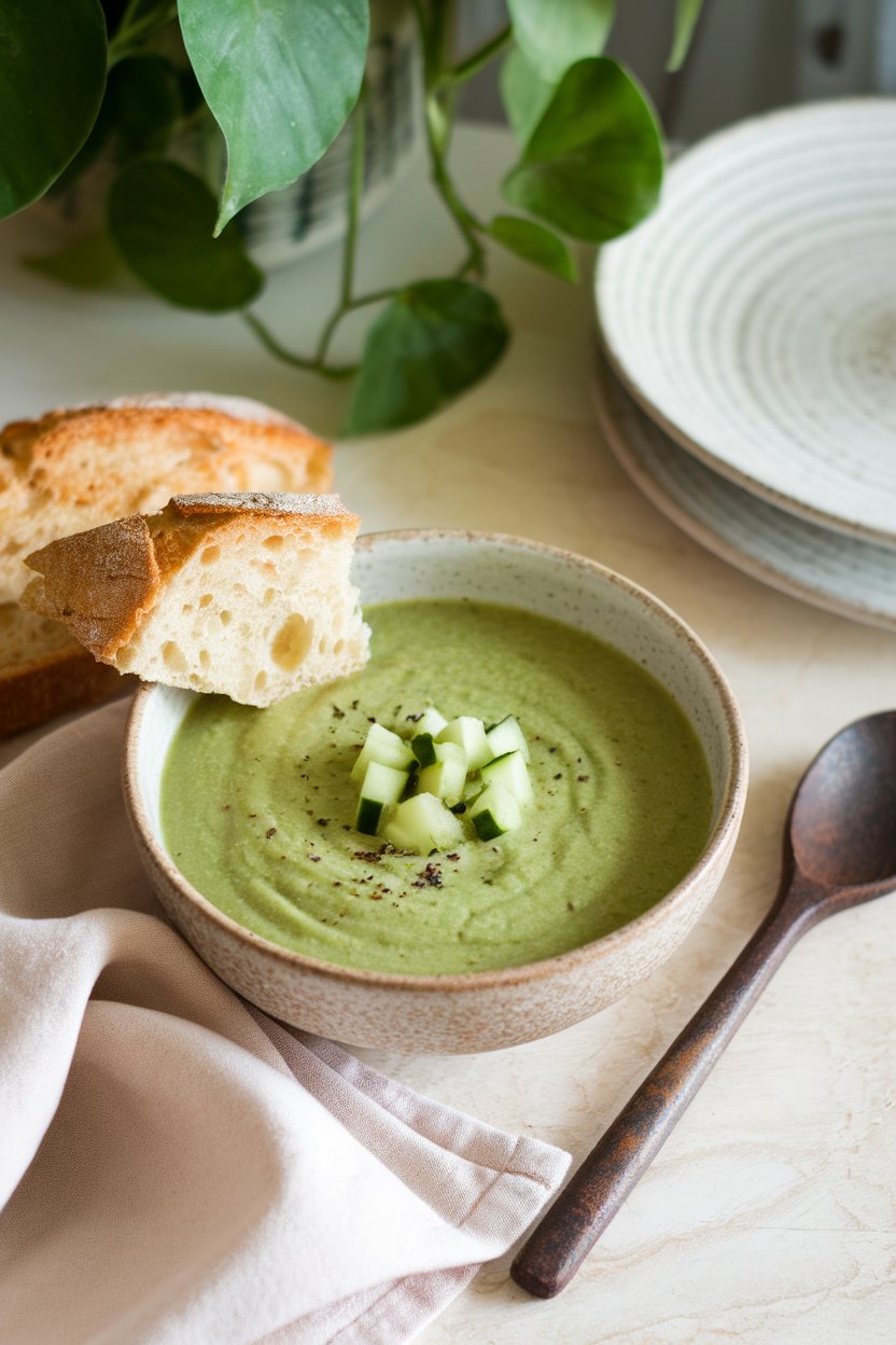 Indoor bowl of chilled green gazpacho garnished with diced cucumber—no text or logos.