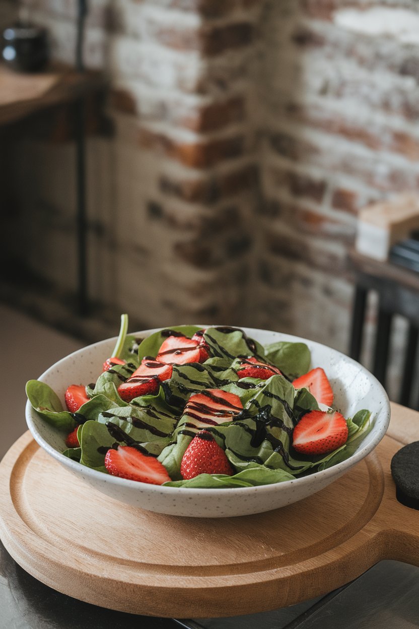 Indoor salad bowl with fresh spinach, sliced strawberries, and balsamic drizzle—no text or logos.