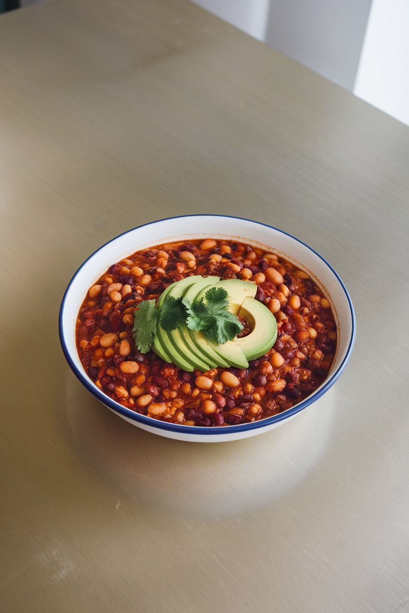 Photo of an indoor table with a large bowl of three-bean chili, topped with sliced avocado and a sprinkle of cilantro. No text or logos present.