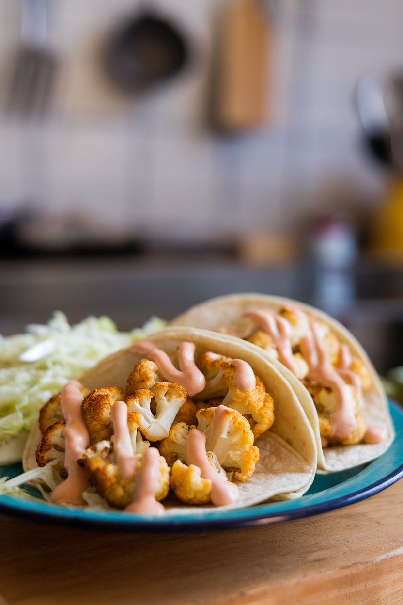Indoor photo of soft tortillas filled with roasted cauliflower florets drizzled with coconut lime sauce, cabbage slaw alongside. No text or logos.
