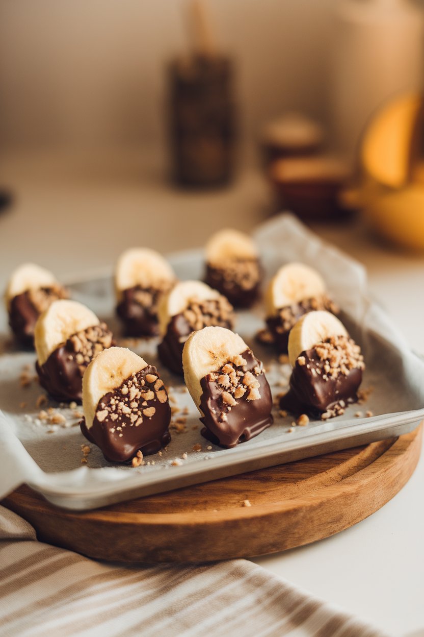 Photo of small frozen banana slices half-dipped in dark chocolate, sprinkled with crushed nuts, shown indoors on a parchment-lined tray. No text or logos.