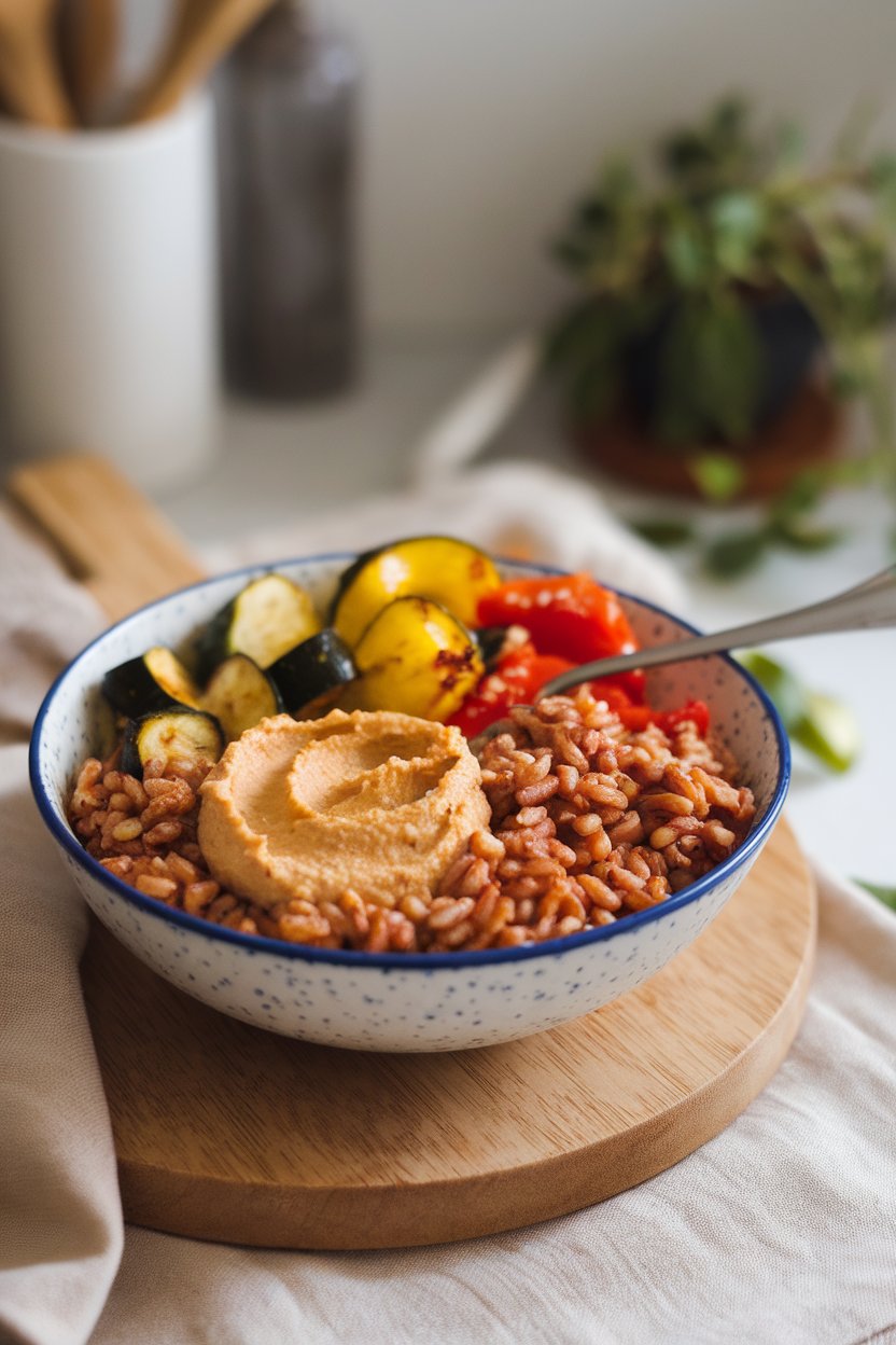 Indoor meal-prep photo of a bowl filled with chewy farro, roasted zucchini, bell peppers, and a spoonful of hummus. No text or logos visible.