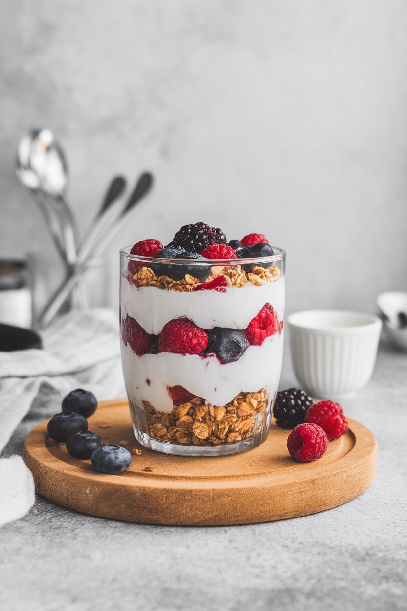 A clear indoor glass alternating layers of coconut yogurt, mixed berries, and granola; photo only, no text or logos.