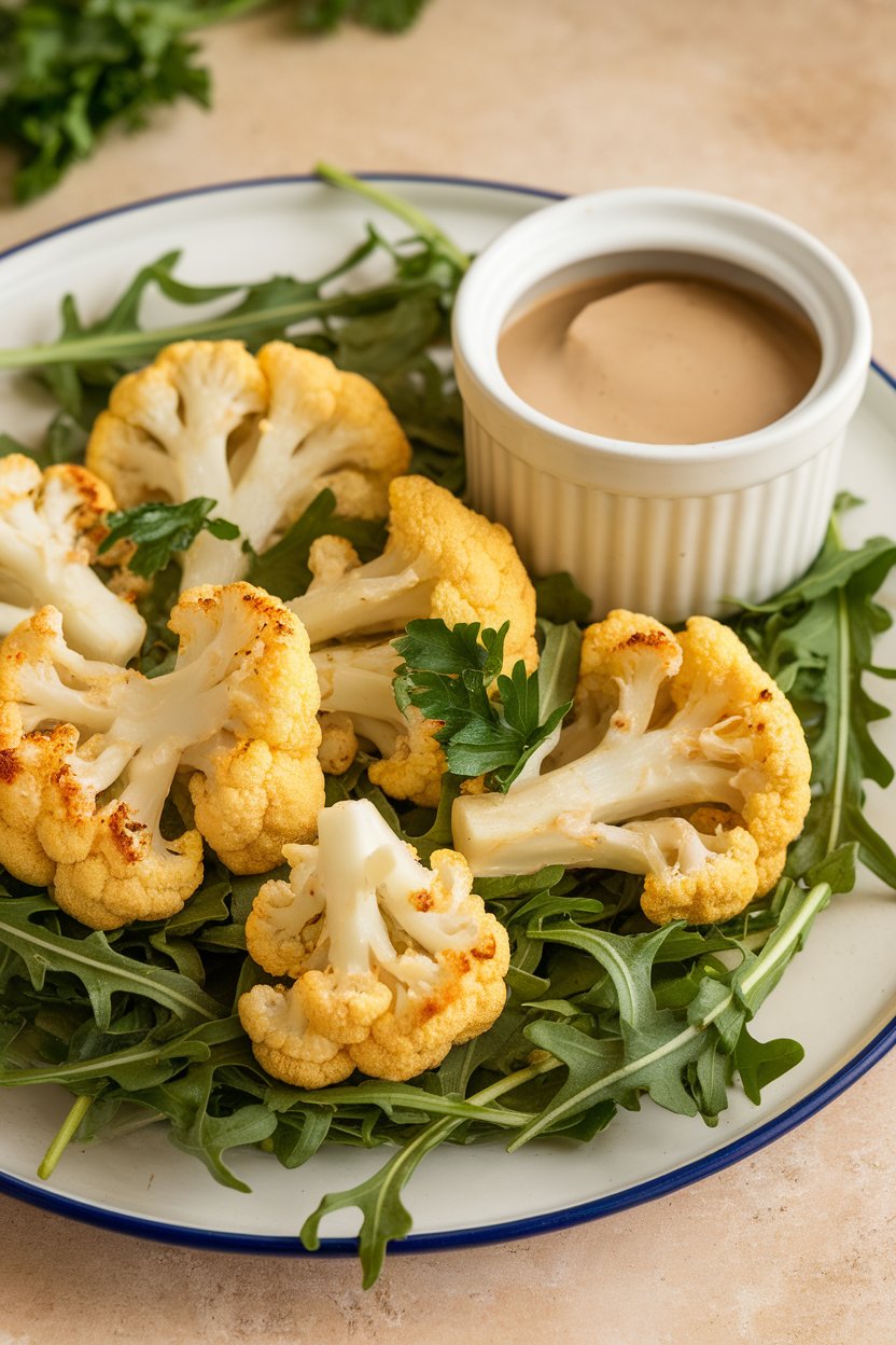 Photo of golden roasted cauliflower florets over arugula with a side ramekin of tahini dressing, indoors, no text or logos.