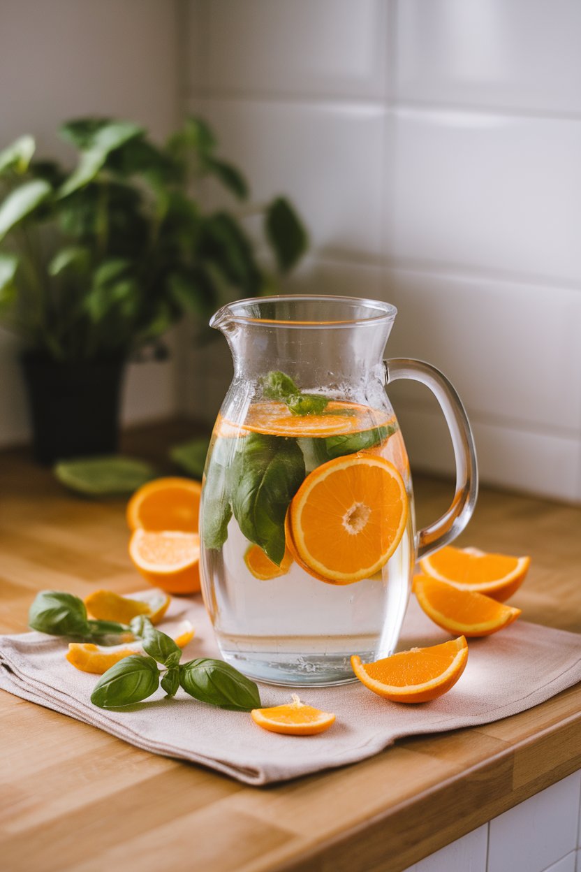 An indoor glass pitcher filled with water, orange slices, and fresh basil on a wooden counter, no text or logos, photo only