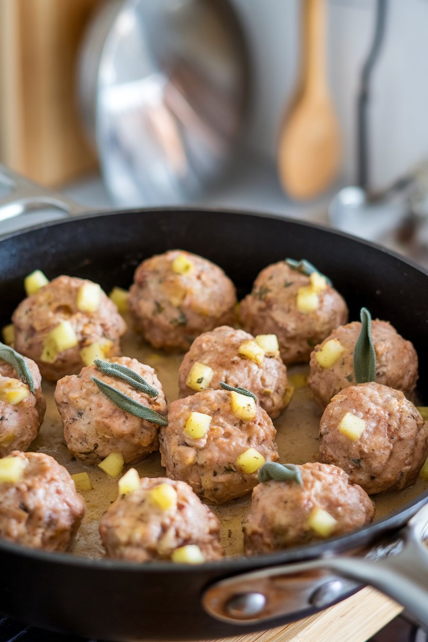 A skillet indoors containing browned turkey meatballs flecked with apple bits and sage, light sauce visible; no text or logos, photo only
