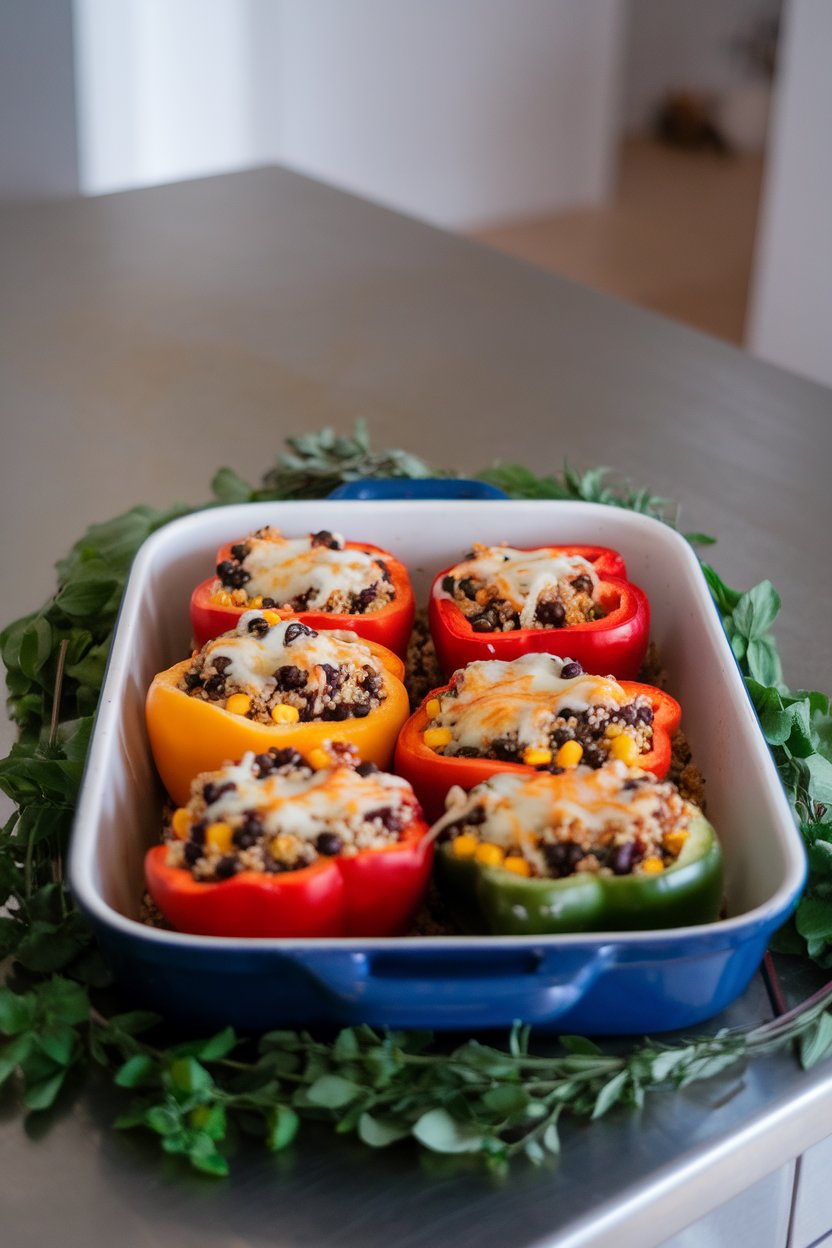 An oven-safe dish on an indoor counter featuring colorful bell peppers filled with quinoa, black beans, and corn, cheese lightly melted on top; no text or logos; photo.