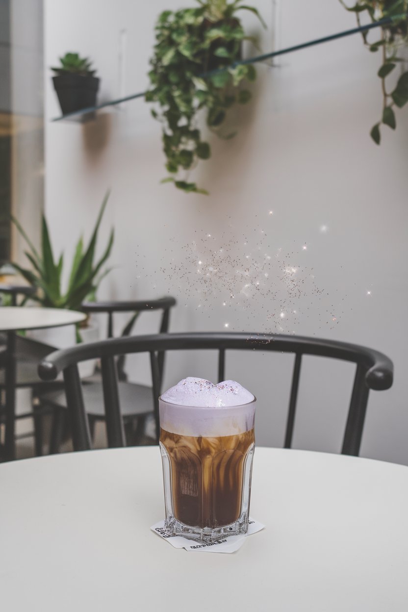 Indoor modern café scene with a clear glass of cold brew topped by pale purple sugarplum cold foam, tiny edible glitter sparkles catching light. No logos or text. Photo only.