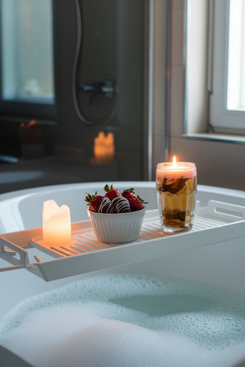 Photo of an indoor bathtub tray holding a small bowl of dark chocolate-dipped strawberries and herbal tea; soft candlelight; no text or logos.