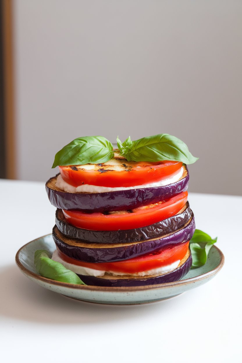 Indoor photo of grilled eggplant rounds layered with fresh tomato slices, basil leaves, and a touch of mozzarella, stacked neatly on a small plate. No text or logos.