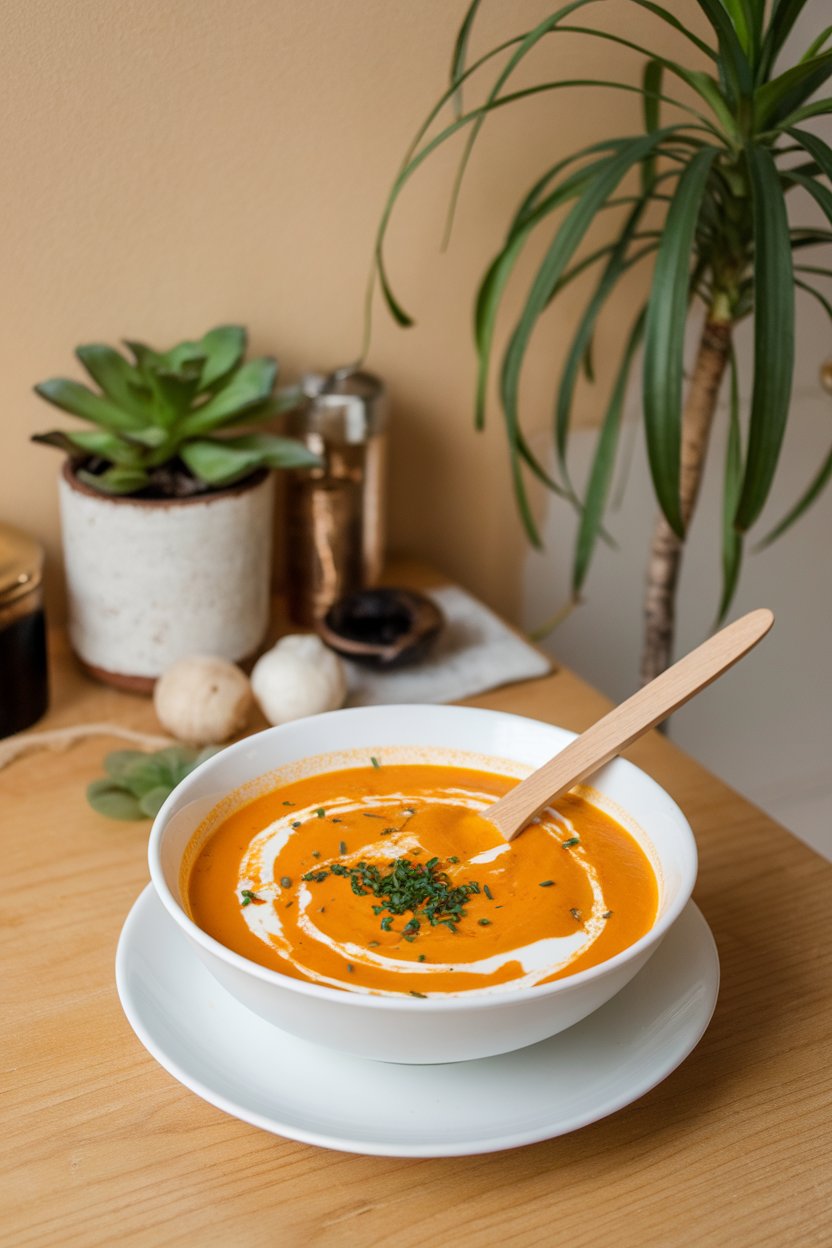 An indoor dining table with a white bowl of vibrant orange soup, swirled with coconut milk and a sprinkle of chopped chives. No text or logos. Photo only.