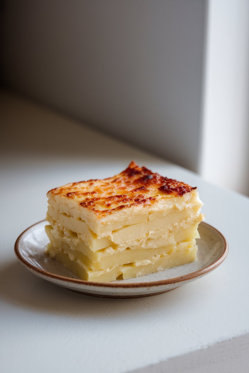 A slice of creamy Dauphinoise on a small plate indoors, layered potatoes visible under browned cheese top, no logos or text. Photo.