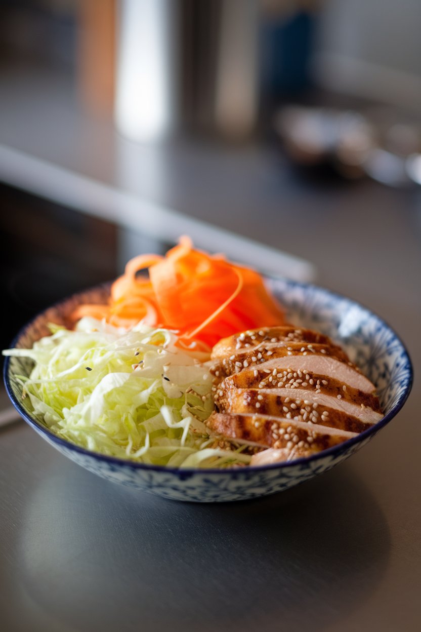 Photo of a shallow bowl with shredded cabbage, carrot ribbons, sliced grilled chicken, and sesame seeds, set on an indoor countertop, no text or logos.