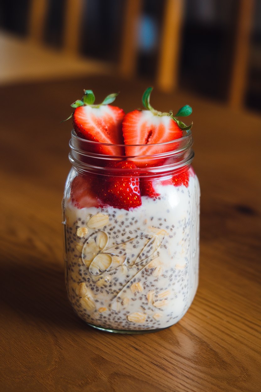 A mason jar on an indoor wooden table layered with soaked oats, speckled chia seeds, almond milk, and sliced strawberries. Warm ambient lighting, no text or logos.